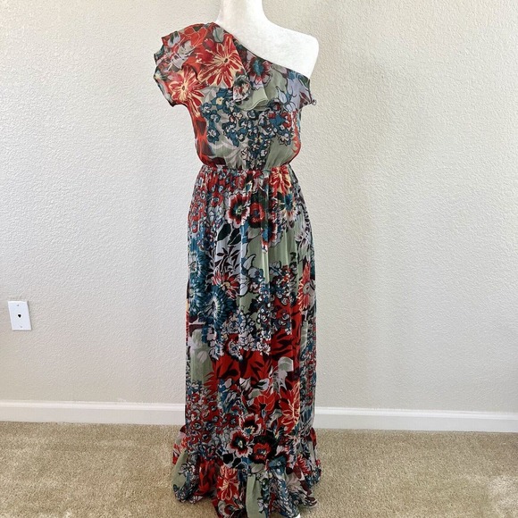American Rag Cie Sz Small Maxi Dress One Sleeve Red Blue Floral Paisley Layered - Picture 1 of 14